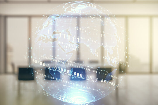 Double exposure of abstract programming language hologram and world map on a modern meeting room background, research and development concept