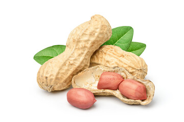 Close-up of peanuts and nutshell isolated on white background.