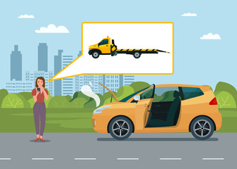 Naklejka premium A woman calls a tow truck near a broken car. Vector illustration.