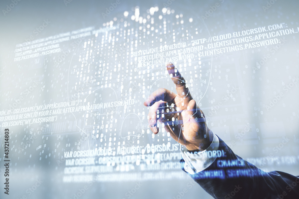 Poster double exposure of male hand working with abstract virtual creative code skull hologram on blurred o