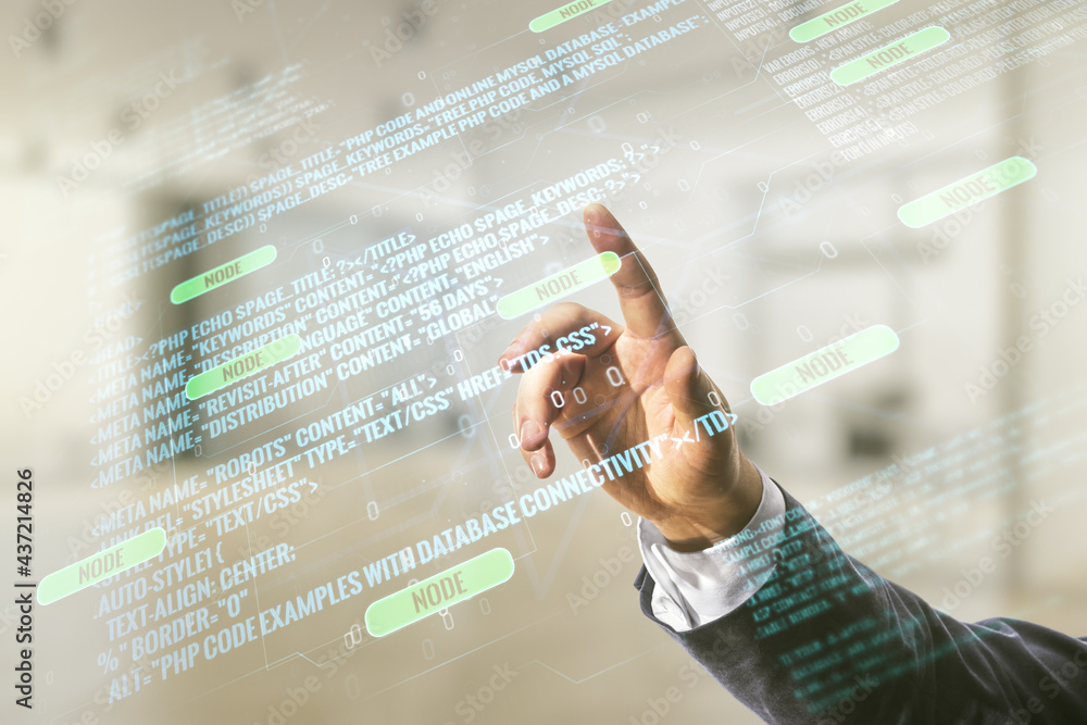 Poster double exposure of programmer's hand working with abstract creative programming illustration on blur