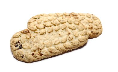 Muesli biscuits, granola cookies with cereals and dried fruits isolated on white background