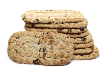 Muesli biscuits, granola cookies with cereals and dried fruits isolated on white background