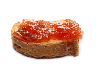 Rose petal spread on slice of bread, flower marmalade isolated on white background