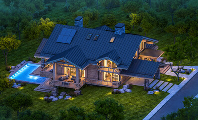 3d rendering of modern cozy chalet with pool and parking for sale or rent.  Massive timber beams columns. Beautiful forest mountains on background. Clear summer night with many stars on the sky.