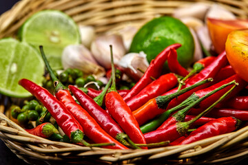 The variety of spices on the wicker basket