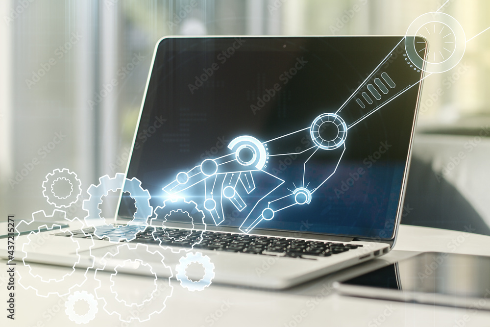 Poster double exposure of robotics technology hologram on laptop background. research and development softw