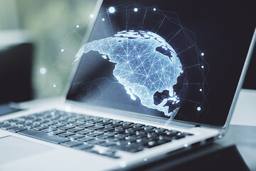 Digital America map on modern computer background, global technology concept. Multiexposure
