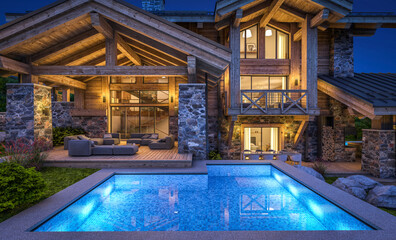 3d rendering of modern cozy chalet with pool and parking for sale or rent.  Massive timber beams columns. Beautiful forest mountains on background. Clear summer night with many stars on the sky.