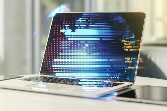 Multi exposure of abstract programming language hologram with world map on computer background, artificial intelligence and neural networks concept