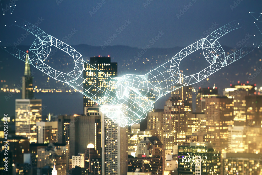 Aufkleber abstract virtual block chain technology hologram with handshake on san francisco cityscape backgroun