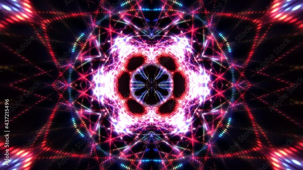 Poster abstract glowing colorful neon light wave symmetrical motion background. looping futuristic kaleidos