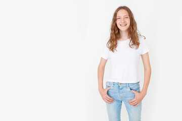 Cheerful happy teen girl in white t-shirt