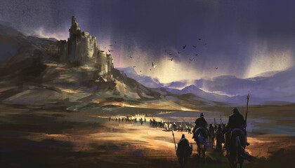 A legion marching towards the medieval castle, 3D illustration. - obrazy, fototapety, plakaty