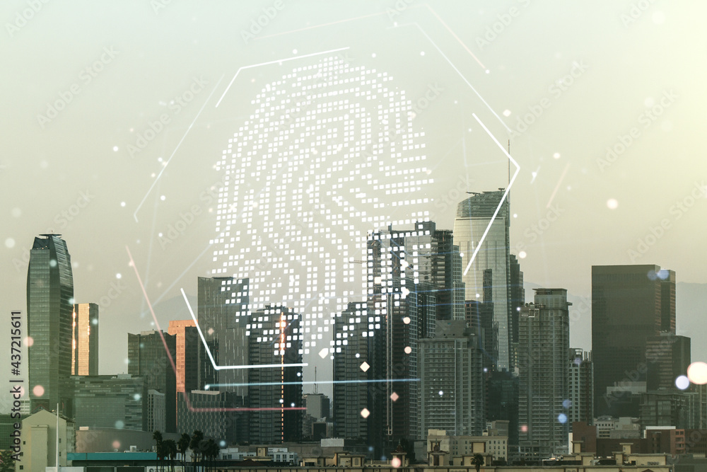 Poster multi exposure of virtual graphic fingerprint sketch on los angeles cityscape background fingerprint