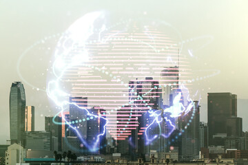 Fototapeta na wymiar Double exposure of abstract digital world map hologram with connections on Los Angeles office buildings background, big data and blockchain concept