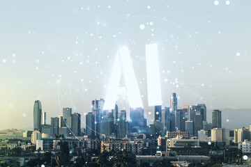 Abstract virtual artificial Intelligence symbol hologram on Los Angeles skyline background. Multiexposure