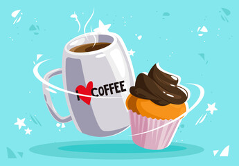 Vector illustration of a large coffee mug with chocolate icing cupcake