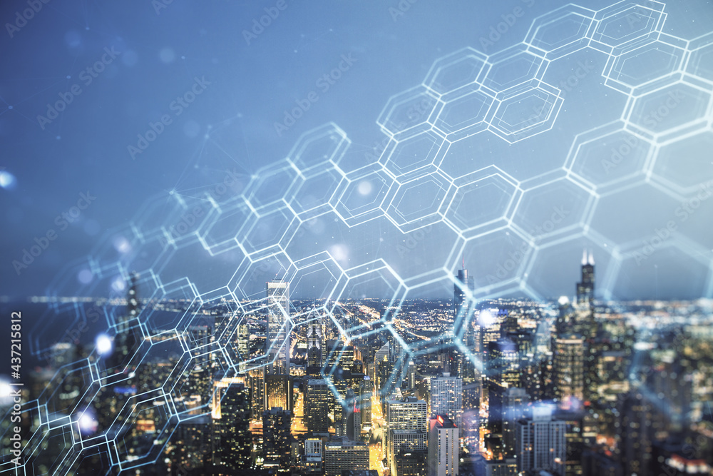 Poster abstract virtual wireless technology hologram with hexagon on chicago cityscape background, artifici