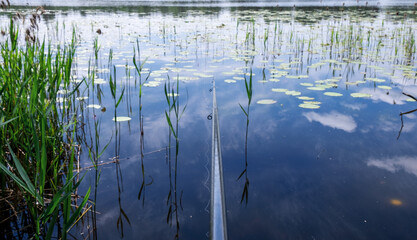 Fishing rod against the background of a beautiful lake with water lilies.