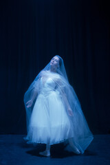 Young graceful balerina in image of ghost bride in art performance isolated on dark background in...