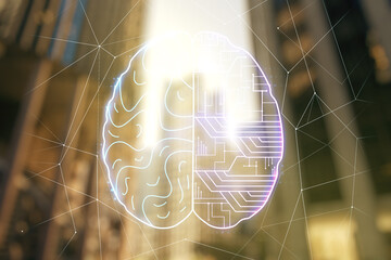 Virtual creative artificial Intelligence hologram with human brain sketch on modern architecture background. Double exposure