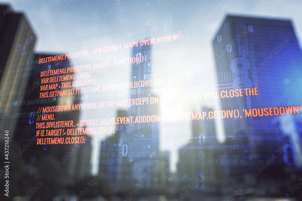 Poster multi exposure of abstract programming language hologram on blurry cityscape background, artificial 