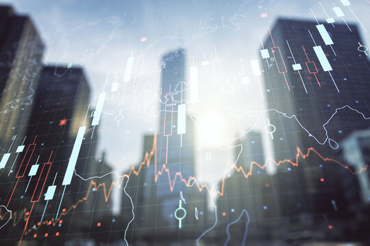 Double exposure of abstract financial chart with world map on office buildings background, research and analytics concept