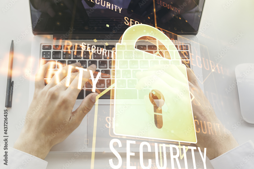 Poster creative lock sketch with chip hologram and hands typing on computer keyboard on background, protect