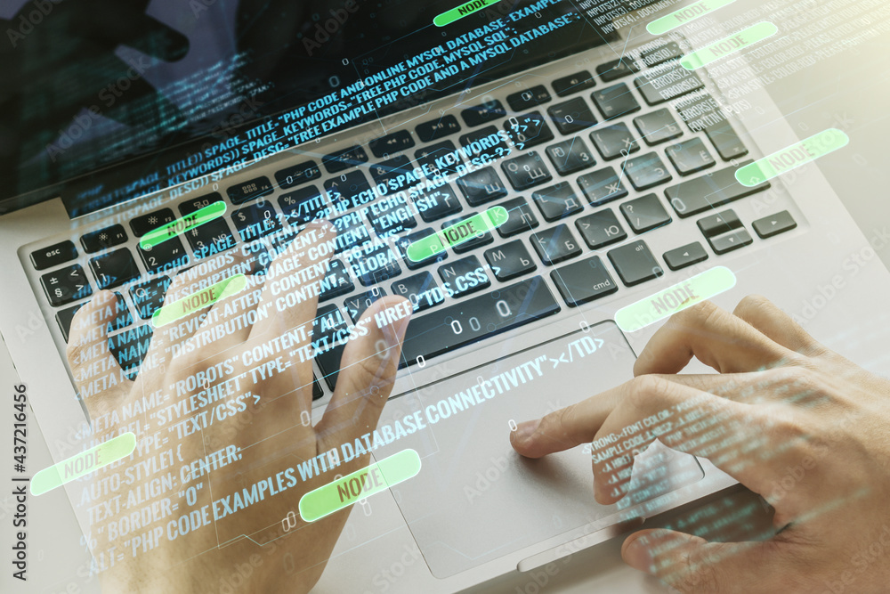 Poster abstract creative coding illustration with hands typing on laptop on background, software developmen
