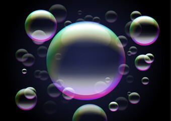 Transparent holographic bubbles on black background for hygiene themed poster or frame.