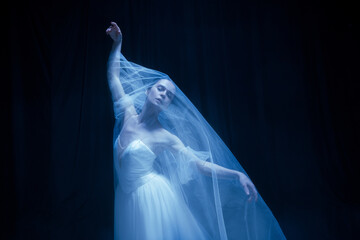 Loneliness. Young graceful beautiful woman, balerina in white wedding dress in art performance.