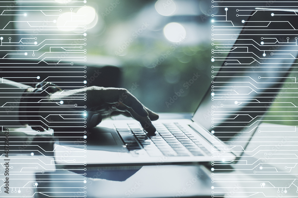 Poster creative concept of microscheme illustration and hands typing on laptop on background. big data and 