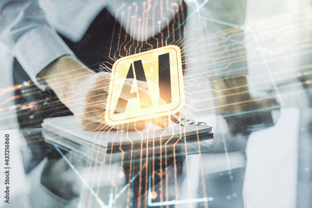 Poster Double exposure of creative artificial Intelligence icon with man hand writing in notebook on background. Neural networks and machine learning concept
