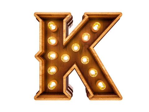 Letter K with realistic light bulbs and wood isolated on white background. 3D illustration.