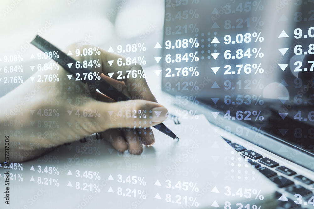 Poster multi exposure of stats data illustration with hand writing in notebook on background with laptop, c