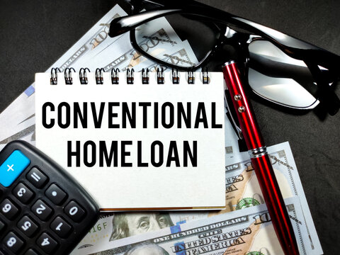 Business concept. Notebook with text CONVENTIONAL HOME LOAN  on black background