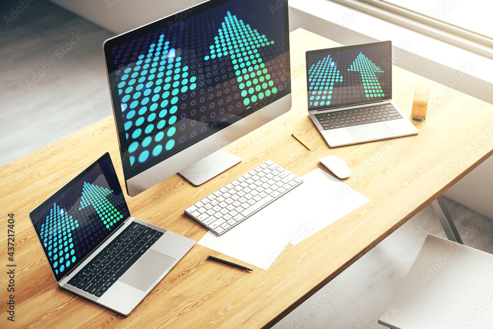 Poster modern computer monitor with creative abstract upward arrows hologram. ambition and challenge concep