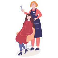 Woman hairdresser is haircutting girl client, who sitting in chair
