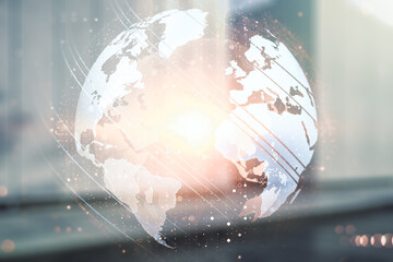 Multi exposure of abstract graphic world map on blurry contemporary office building background, big data and networking concept