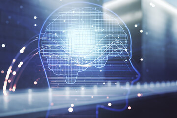 Double exposure of creative artificial Intelligence hologram on modern business center exterior background. Neural networks and machine learning concept