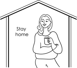 vector line drawing, girl in the house with a cup in her hands, stay home