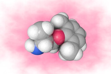 Space-filling molecular model of mexiletine. Atoms are represented as spheres with color coding: carbon (grey), nitrogen (blue), oxygen (red), hydrogen (white). 3d illustration