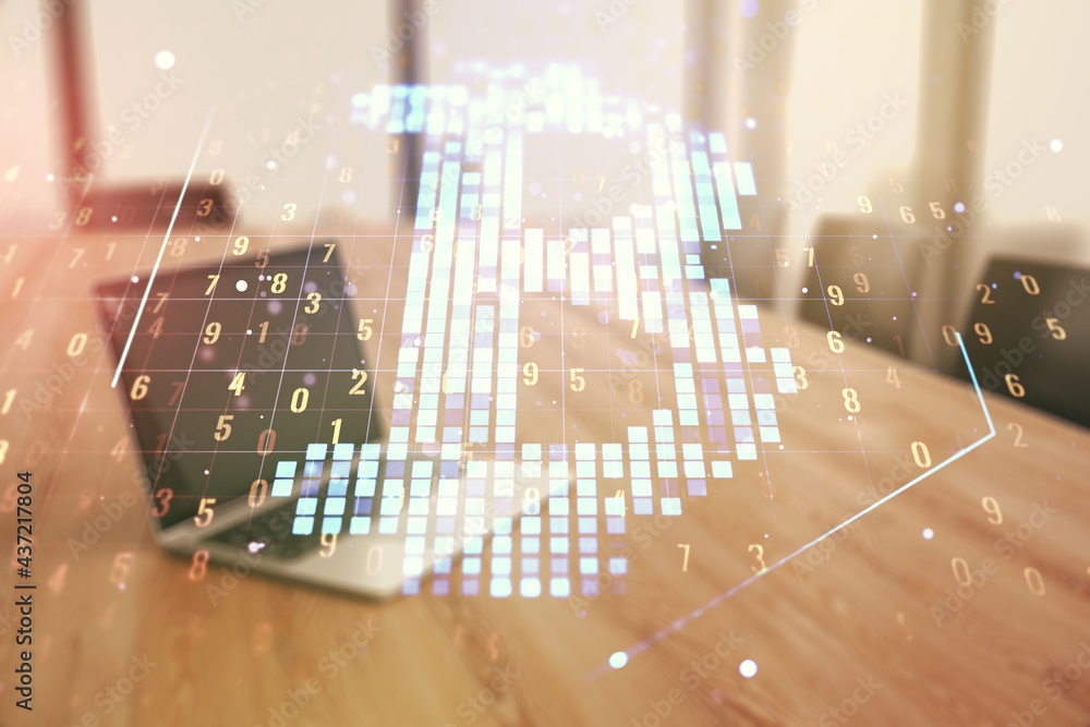 Poster double exposure of creative bitcoin symbol hologram with computer on background. mining and blockcha