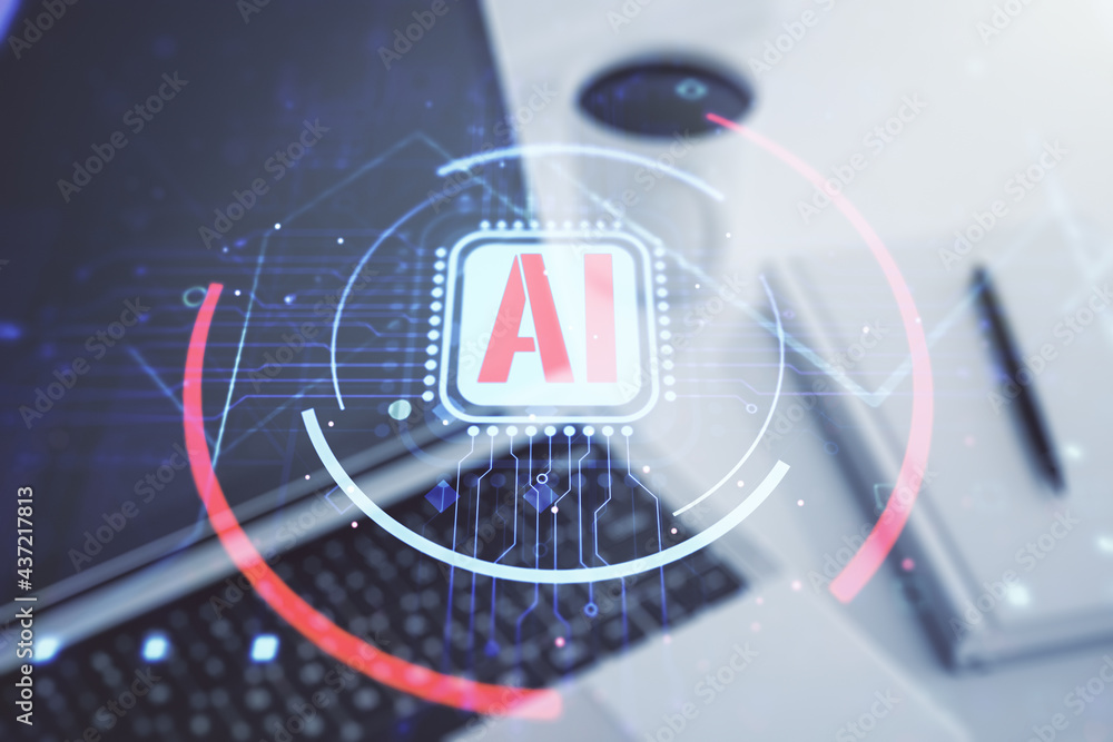 Poster double exposure of creative artificial intelligence abbreviation with computer on background. future