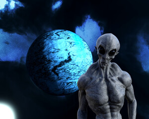 Obraz na płótnie Canvas Illustration of a muscled grey alien with pointy ears looking forward with a blue planet and sun in the background.