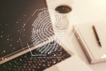 Abstract creative fingerprint illustration on modern computer background, personal biometric data concept. Multiexposure