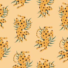 Naklejka premium Cute jaguar and jungle leaf. Retro style. Tropical animals seamless pattern. 