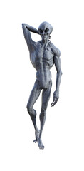 Illustration of a grey alien with a toned muscular body looking into the distance with a hand behind his neck.