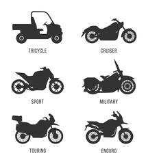 Motorcycle icon vector logo template. Side view, profile. Types of motorcycles